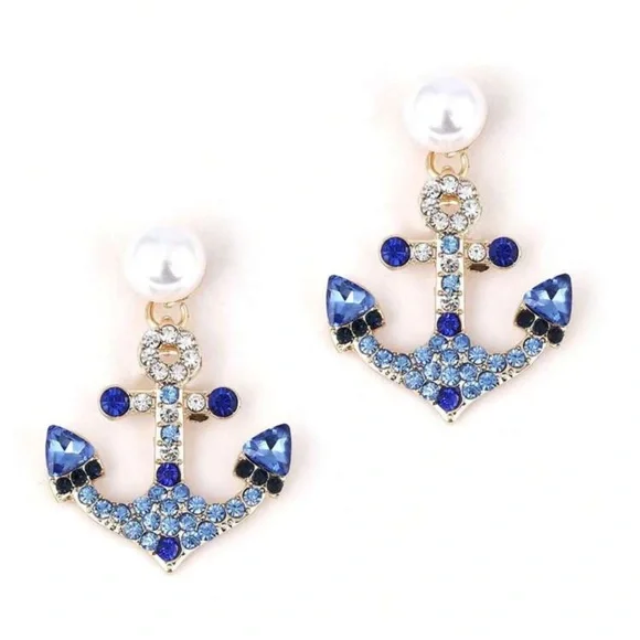 Faux Pearl and Blue Rhinestone Anchor Earrings - Picture 2 of 4